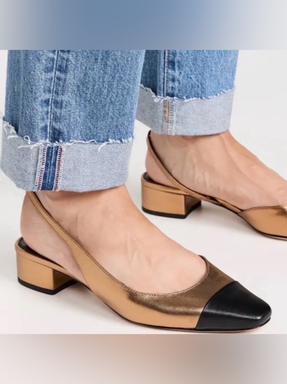 Veronica Beard Cecile Gold Bronze Black Slingback Block Heel Flats Size 7